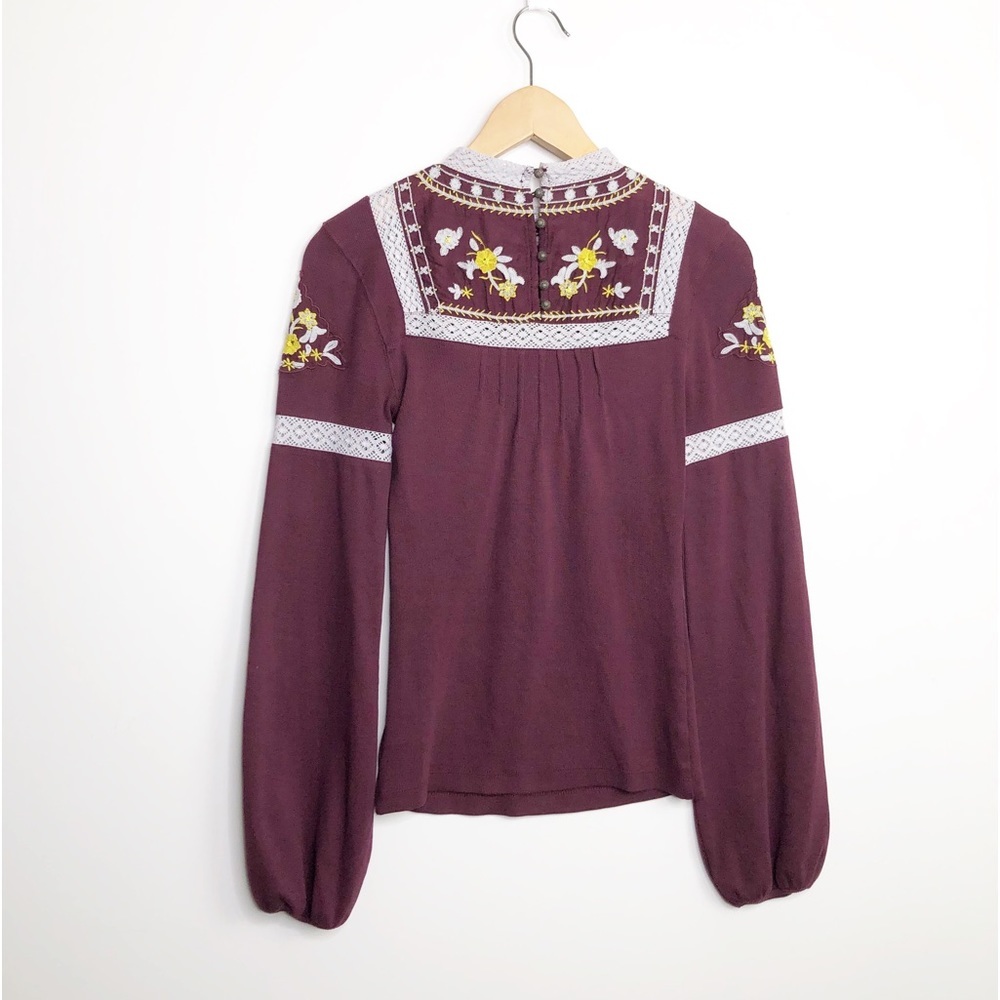 FREE People burgundy embroidered BoHo blouse - Picture 3 of 12